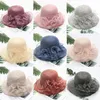 Vrouwen Bloem Organza Zon Hoeden Zomer Bruiloft Hoofddeksels Vrouwelijke Elegante Bloemen UV Brede Rand Kerk Zee Strand Caps 240111