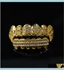 Hip Hop Teeth Gold Silver Plated Crystal 6 Top Bottom Faux Tooth Braces Rapper Body Jewelry Unisex Ngywc Grillz Wicjr6571869
