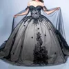 Vestido de baile preto quinceanera 2024 tule apliques flores contas babados com capa doce 15 16 anos festa de aniversário formal