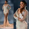 Sparkling Luxury Prom Dresses for Black Women Sheer Neck Long Sleeves Mermaid Crystals Rehinestones See Through Formal Evening Dress Birthday Party Dress ST789