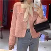 Casaco de tweed rosa para mulheres temperamento suave único breasted jaquetas curtas moda outono quente outerwear 240112