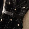 Vintage Mid-Length 75cm Plaid Tweed Vest Jacket Women 2 Piece Set Elegant Pearl Button Belted Unlined Waistcoat And Knit Sweater 240112