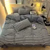 Washed Cotton and Fleece Milk Fleece Single Sheet Set Printed Stripe Duvet Cover Single Side Fleece Thickened Warm Bedding 240111