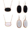 Fashion Pendant Resin Necklace Earrings Set Oval Druze With Gold Hexagonal Pendant Jewellery Set for Ladies Party