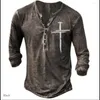 Männer Casual Hemden Vintage Baumwolle T-Shirts Jesus 3D Gedruckt Kreuz Langarm Henley Hemd Übergroße Kleidung Tops Tee Mann Punk