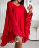 Casual Dresses Women Elegant Short Skirt Batwing Sleeve Frill Hem Dress 2024 Early Spring Latest Round Neck Long Daily Mini