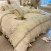 French Lace Handmade Beads Bedding Set 1000TC Egyptian Cotton Flowers Embroidery Ruffles Duvet Cover Bed Sheet Pillowcases 240112