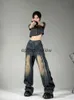 سروال جينز للسيدات Capris High Street New American American Retro Y2K Gothic Fashion Sitching Scithouette Schiting Wide-Leg للرجال والنساء