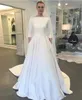 2024 Bohemian Western Country A Line Wedding Dresses Vintage Sexy Jewel Neck Satin 3/4 Long Sleeves Bridal Gowns Robes de Mariee Sweep Train Button Back