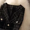 Vintage Mid-Length 75cm Plaid Tweed Vest Jacket Women 2 Piece Set Elegant Pearl Button Belted Unlined Waistcoat And Knit Sweater 240112