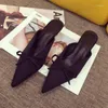 Slippers Shoes Woman 2024 Thin Heels Pointed Toe Casual Pantofle Low Heeled Mules Cover Luxury High Fabric Fashion Basic Rom