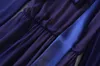 2024 Spring Blue Solid Color Ribbon Tie Bowknot Dress Lång ärm Runda nacke panelerade långa maxi casual klänningar A4J09