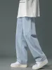 Streetwear baggy jeans män koreansk mode lösa raka breda ben byxor man varumärke kläder svart ljus blå vit 3xl 240111