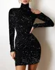 Jurken voor Vrouwen Herfst Mode Strass Decor Sheer Mesh Mock Hals Effen Lange Mouw Skinny Sexy Mini Feestjurk 240111