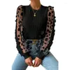 Women's Blouses Mesh Small Flower Chiffon Shirt 2024 Spring Summer Round Neck Slimming Pullover Long Sleeve Top