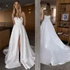 Boho A line Wedding Dresses Bone Bodice Strapless Slit Satin designer wedding bridal gowns