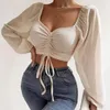 Women's T Shirts Women Sheer Puff Sleeve Blouse Ruched Tie Up Sweetheart Neck Crop Top