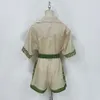 1.12 Blusa de linho com estampa de folhas verdes para férias na praia ou shorts de cintura alta com cordão conjunto feminino