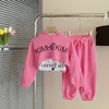 Frühling Herbst Baby Mädchen Waffel Alphabet Crop HoodieKordelzug SweatpantTee Tops Kinder Trainingsanzug Kind 3PCS Outfit Sets 1-9 jahre 240111