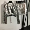 Womens Sexy luxury fashion Sequins two pcs sets cropped bling tops with designer skirts women party black silver woman clothes