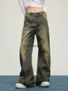 Pantalon en jean pour femme - Capris vintage pour femme - Jambe large - Y2k - Harajuku - Pantalon baggy décontracté - Streetwear - Patchwork d'hiver - Denim vieilli