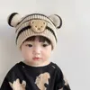 Tecknad randbjörn baby beanie mössa söta öron spädbarn stickad hatt koreanska vinter varma barn virkade hattar småbarn flickor pojkar bonnet 240111