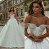 Fancy Princess Wedding Dresses Off the Shoulder Bridal Ball Gowns Pearls Beaded Short Sleeve Bride Dresses Custom Made