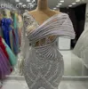 2024 ASO EBI Silver Mermaid Prom Dress Sheer Neck Crystals Crystals Formale Formale Secondo Accogliente Ottimo Compito Abiti abiti Robe De Soiree ZJ41