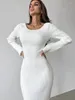 Casual Dresses Elegant Green Women Sweater Dress 2024 Winter Fashion Sexy Cut Out Full Sleeve White Knitted Female Bodycon Party