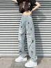 Jeans pour femmes Pantalons Capris Y2K Vêtements Femmes Splatted Ink Torn Wash Graffiti Hole Fashion Loose Straight Wide Leg Pantalon 90s Vintage Vêtements