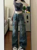 Kvinnors jeans byxor capris kvinnor bf stil y2k streetwear harajuku baggy multi-pocket blå denim last låg midja bred ben 2000s estetik kpop