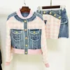 Est Designer Suit Set Femmes Lion Boutons Poule Tweed Denim Patchwork Gland Veste À Franges Mini Jupe 2PCS 240112