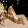 Klänningsskor Storlek 32-43 Pointed Stiletto Shallow High Heels Women Gold Sequin Wedding Bride Rhinestone Bow Pumps