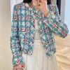 Lichte luxe tweed geruite kleur bijpassende korte jas vrouwelijke kleine geur geweven top met lange mouwen 240112
