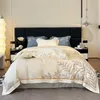 Set di biancheria da letto di lusso in cotone egiziano al 100% con foglie ricamate, copripiumino con fascia elastica, lenzuolo, federe, set morbido 240112