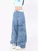 Women's Jeans Pants Capris Pink Multi Pocket Overalls Female Y2K Punk Hip Hop Gothic Loose Fashion 2023 Autumn New American Retro High Street