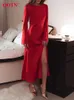 Casual Dresses Elegant Red O Neck Long Dress 2024 Sexig satin Split A Line Women Fashion Flare Sleeve Spring Dxhet