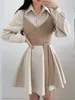 Work Dresses Women Autumn Dress Sets Korean Version Style Lapel Irregular Shirt Waist Wrapped Chest Strap Vest Set D5526