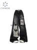 Damen Jeans Hosen Capris Gothic Schwarz Hohe Taille Vintage Koreanische Mode Y2k Streetwear Ripped Harajuku Casual Wide Leg Denim Hosen