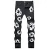 Men Flower Print Fashion Contrast Color Spliced Stretch Denim Pants Painted Slim Straight Trousers