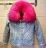 Women's Jackets Designer new design real raccoon fur collar holes ripped denim jeans long sleeve faux liner thickening short jacket coat parka casacos V9JM