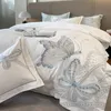 100% Egyptian Cotton Luxury Butterfly Embroidery Wedding Bedding Set Duvet Cover FlatFitted Bed Sheet Pillowcases 240112
