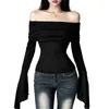 Women's T Shirts Women Fashion Long Sleeve Crop Top Off Shoulder Ruched Layer Bodycon T-Shirt 066C