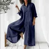 Women's Jumpsuits Rompers Women Jumpsuit Spring Summer Turndown Collar Loose Cotton Linen Breathable Casual Wide Legs Pants Long Romper Daily WearL240111