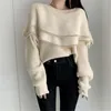 Women's Sweaters Korean Elegant Sweater Double Layer Ruffle Contrast Off Shoulder Pullover Ladies Black Jumper Long Sleeve Sexy Knit Y2k