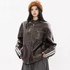 Schwarze Lederjacken, gestreift, Damen-Bomber, Varsity Racing, übergroße Oberbekleidung, modischer Reißverschluss, amerikanischer Vintage-Stehkragen, Pu-Mäntel 240111