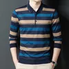 Jesienna zima męska odzież Stripe Button Długie rękaw Polo T-shirt Busines