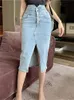 Seoulish Front Split Womens Denim Lap Skirts Bottons High Wasit Jeans Straight Pencil Midi Summer 240112