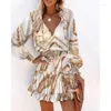 Casual Dresses Fitshinling Print Long Sleeve Dress Women Clothing Leopard Ruffles Slim Sexy Short Vintage Female Vestidos Fashion in