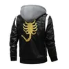 Giacca da motociclista in pelle da motociclista da uomo primavera autunno Ricamo Scorpione Cappotto in PU Moda Colletto alla coreana Giacca in pelle con cappuccio 240113